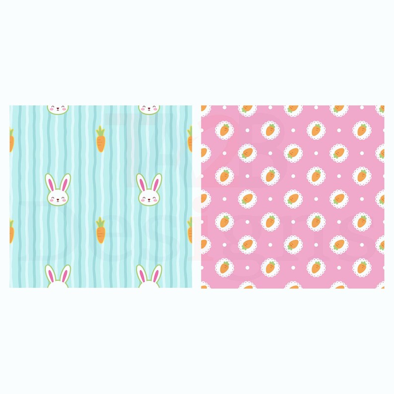 May include: Two seamless patterns featuring cartoon bunnies and carrots. One pattern has a light blue background with vertical wavy stripes and bunny faces with carrots. The other pattern has a pink background with carrots in white lace circles.
