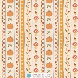 May include: A seamless pattern featuring vertical stripes of orange pumpkins, red mushrooms with white spots, brown acorns, green bows, and small white flowers on a light beige background. Text at the bottom reads 12x12 Inches JPG 300 DPI.