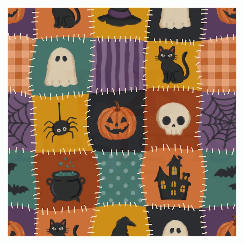 Op de afbeelding: Een patchwork stofpatroon met Halloween-motieven waaronder zwarte katten, geesten, pompoenen, schedels, spinnen, spinnenwebben, vleermuizen, een ketel en een spookhuis. De vierkanten worden gescheiden door witte stippellijnen die op stiksels lijken.