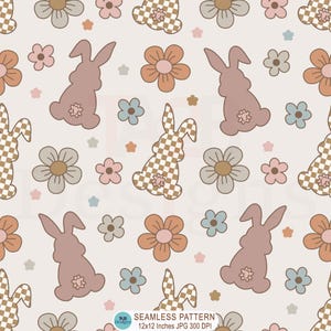 May include: A seamless pattern featuring bunnies, flowers, and small star shapes in pastel colors. The bunnies are solid mauve, and checkered, with a flower detail on their rear. Flowers are in shades of peach, pink, and blue. The background is off-white.