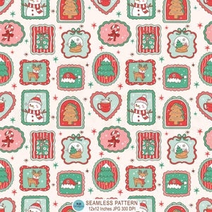 Motif sans couture de cadres de Noël, motif de tampons de Noël mignons, papier numérique patchwork de fêtes, motif répétitif de tissu de Noël, téléchargement JPG