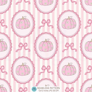 Coquette Pumpkin Seamless Pattern, Floral Pumpkin Bows Pink Stripes Seamless File, Fall Pumpkin Frames Fabric Digital Paper Download, JPG