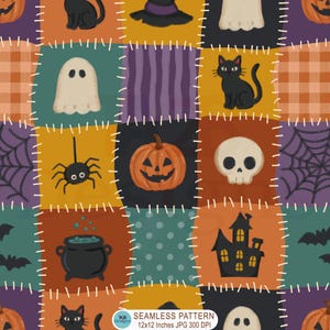 Halloween Patchwork Seamless Pattern, Halloween Fabric Digital Paper, Ghost Pumpkin Seamless File, Repeat Pattern, Background Scrapbook, JPG
