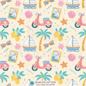 Italian Coastal Summer Seamless Pattern, Italian Summer Pattern, Vespa Lemon Seamless File, Italian Summer Beach Digital Paper Fabric Design