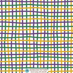 May include: Seamless pattern with a grid design. The pattern features intersecting lines in green, purple, and gold on a white background. The text at the bottom reads "SEAMLESS PATTERN 12x12 INCHES JPG 300 DPI".
