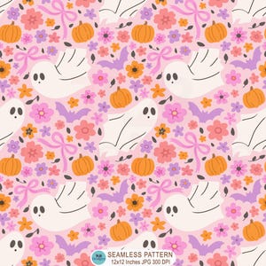 May include: A seamless pattern on a light pink background featuring white ghosts, orange pumpkins, purple bats, pink bows, and small multi-coloured flowers. The bottom includes text reading TAB DESIGNS SEAMLESS PATTERN 12x12 Inches JPG 300 DPI.
