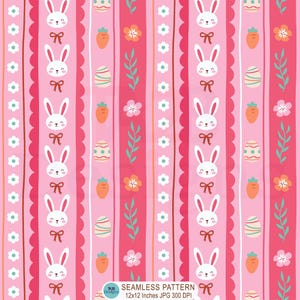 May include: A seamless Easter-themed pattern with vertical stripes in shades of pink and red. The design features white bunnies with bows, carrots, decorated eggs, flowers, and foliage. The text "SEAMLESS PATTERN 12x12 Inches JPG 300 DPI" is at the bottom.