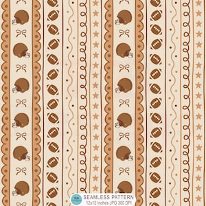 May include: A seamless pattern featuring vertical stripes of brown football helmets, bows, footballs, wavy lines, dots, and stars on a light beige background. The bottom includes text reading SEAMLESS PATTERN 12x12 Inches JPG 300 DPI.