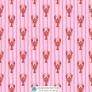 Può includere: Un motivo continuo con illustrazioni ripetute di aragoste rosse disposte in file verticali su uno sfondo rosa chiaro con strisce verticali rosa scuro. Il testo in basso recita: TAB DESIGNS SEAMLESS PATTERN 12x12 Inches JPG 300 DPI.