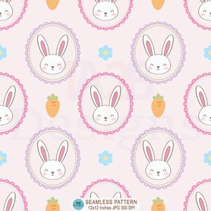May include: A seamless pattern featuring cartoon bunnies in oval frames with pink and purple trim, interspersed with orange carrots and blue flowers on a light pink background. The design is whimsical and suitable for children's products.