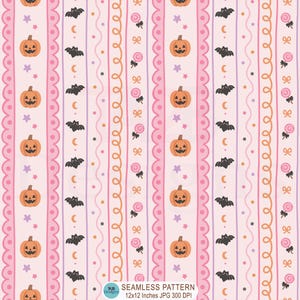 May include: A seamless digital pattern featuring vertical stripes on a light pink background. The design includes repeating motifs of orange jack-o'-lanterns, black bats, pink lollipops, orange bows, purple stars, and crescent moons.