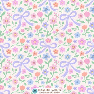 Pastel Bows Floral Seamless Pattern, Ditsy Spring Summer Digital Paper (12x12 Inches JPG 300)