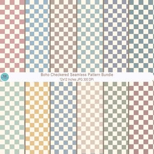 Könnte beinhalten: Eine digitale Sammlung von zwölf nahtlosen Karomustern in verschiedenen gedeckten Tönen wie Rosa, Blau, Braun, Salbei und Gelb, kombiniert mit cremefarbenen Quadraten. Der Text lautet Boho Checkered Seamless Pattern Bundle 12x12 Inches JPG 300 DPI.