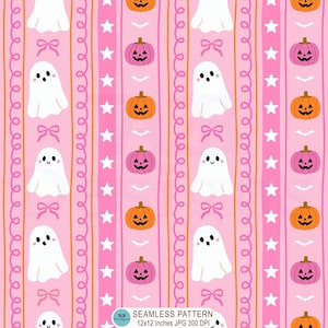 Puede incluir: Un patrón digital sin costuras con rayas verticales sobre un fondo rosa claro. El diseño incluye fantasmas blancos, calabazas de Halloween rosas y naranjas, estrellas blancas, pequeños murciélagos blancos y lazos rosas. El texto inferior dice SEAMLESS PATTERN 12x12 Inches JPG 300 DPI.