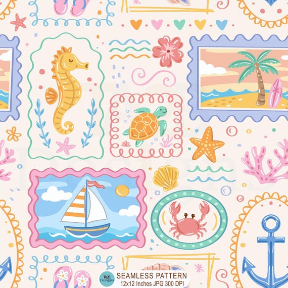 Preppy Summer Frames Seamless Pattern, Summer Ocean Seamless File, Tropical Stamps Pattern Digital Paper, Beach Coastal Repeat Pattern, JPG