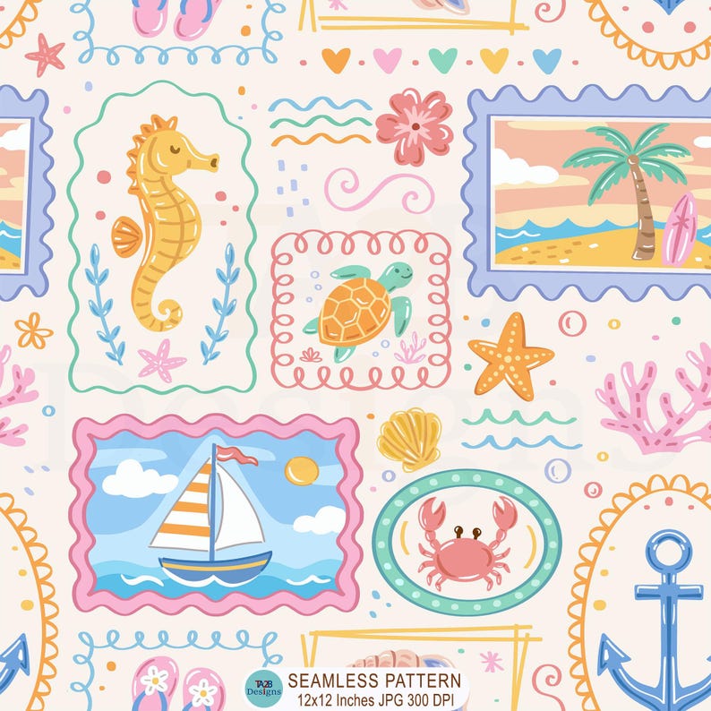May include: A seamless pattern featuring illustrations of a seahorse, sea turtle, sailboat, crab, and anchor framed in various shapes. The design includes tropical elements like palm trees, seashells, and starfish on a light pink background.