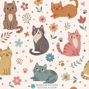 Floral Cat Seamless Pattern, Crayon Style Repeating Fabric Design (Digital Download)