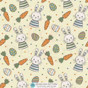 Puede incluir: Patrón de Pascua sin costuras con conejitos de dibujos animados, zanahorias y huevos decorados sobre un fondo crema. El diseño incluye lunares de colores y el texto "SEAMLESS PATTERN 12x12 inches JPG 300 DPI".