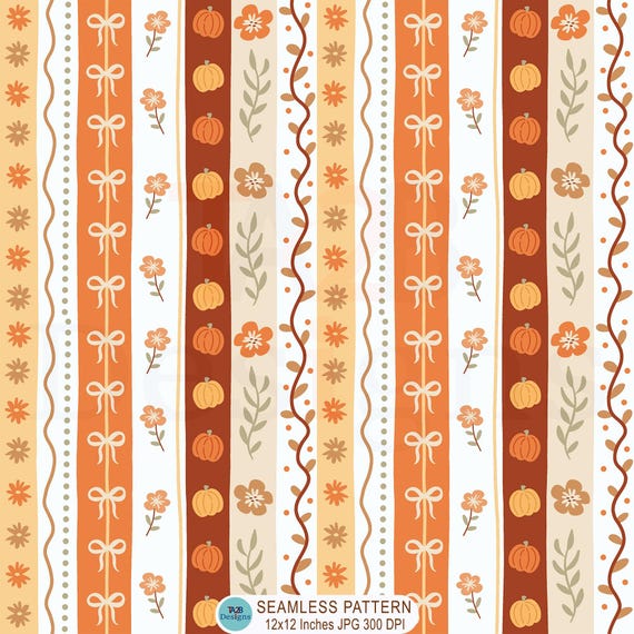 Coquette Fall Seamless Pattern, Floral Pumpkin Bow Print (JPG)