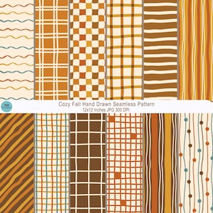 May include: A collection of hand-drawn seamless patterns in warm autumn colors. The patterns include wavy lines, plaid, and checkered designs. The text "Cozy Fall Hand Drawn Seamless Pattern" is displayed, with dimensions of 12x12 inches.