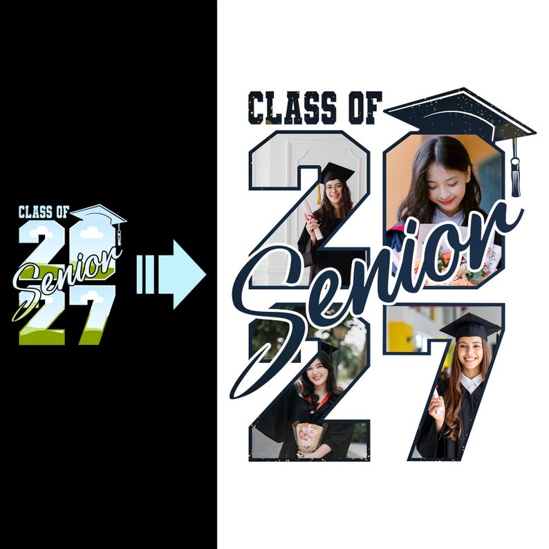 May include: A graphic design for the "Class of 2027 Senior" featuring a graduation cap and photos of graduates. The design includes the text "Class of" above the number "27" and the word "Senior" in a cursive font.