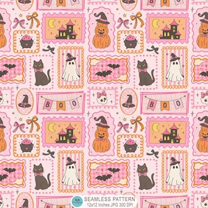 Pink Halloween Stamp Frames Seamless Pattern, Spooky Ghost Pumpkin Patchwork Pattern Digital Paper, Repeating Pattern Fabric, JPG Download