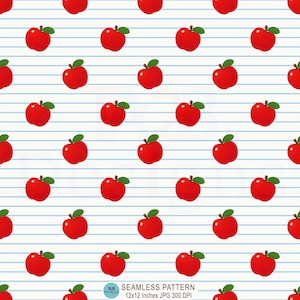 May include: A seamless digital pattern featuring rows of bright red apples with green leaves on a white background with thin horizontal blue lines. The text at the bottom reads SEAMLESS PATTERN 12x12 Inches JPG 300 DPI and TA2B Designs.