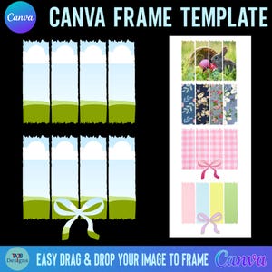 May include: A digital template for creating frames with a green grassy field, blue sky, and white clouds. The template includes a bow and a bunny rabbit with Easter eggs. The text "EASY DRAG & DROP YOUR IMAGE TO FRAME Canva" is at the bottom of the image.