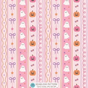 Può includere: Un motivo digitale senza cuciture con strisce verticali su sfondo rosa chiaro. Il design include motivi ripetuti di fantasmi bianchi, zucche arancioni e rosa, fiocchi viola, piccole stelle, caramelle e linee ondulate.