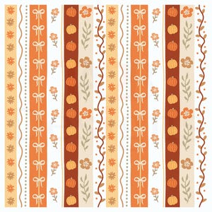 May include: A repeating pattern featuring vertical stripes in shades of orange, white, and beige. The design incorporates pumpkins, bows, flowers, and floral vines, creating a fall or harvest theme. The pattern is suitable for fabric or wallpaper.