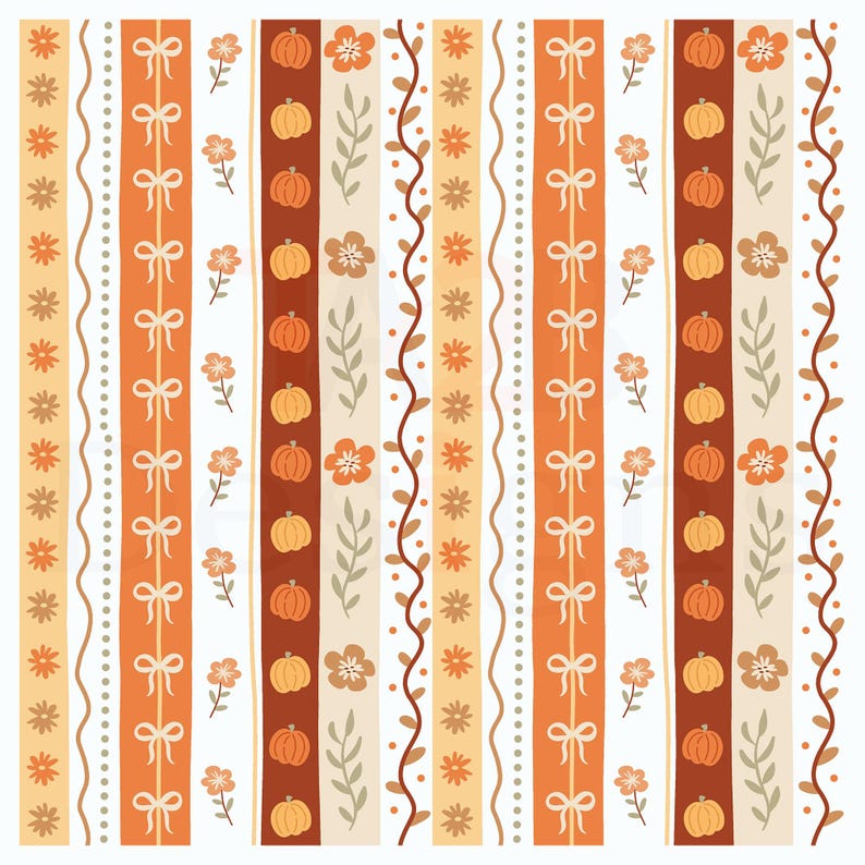May include: A repeating pattern featuring vertical stripes in shades of orange, white, and beige. The design incorporates pumpkins, bows, flowers, and floral vines, creating a fall or harvest theme. The pattern is suitable for fabric or wallpaper.