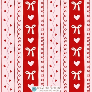 Puede incluir: Patrón sin costuras con rayas verticales en rojo y rosa claro. Las rayas rojas presentan lazos y corazones blancos. Las rayas rosas tienen pequeños corazones rojos y una línea ondulada. El patrón es de 30,48 x 30,48 cm.