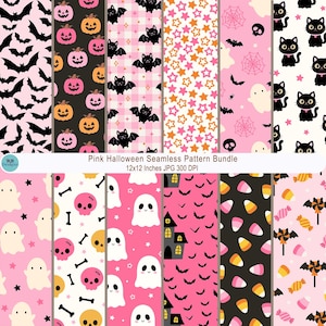 May include: A digital bundle of twelve seamless Halloween patterns featuring pink, black, and orange motifs including bats, jack-o'-lanterns, ghosts, skulls, stars, spiderwebs, candy corn, and haunted houses. The text reads Pink Halloween Seamless Pattern Bundle 12x12 Inches JPG 300 DPI.