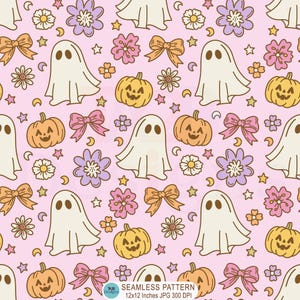 May include: A seamless pattern on a pink background, featuring ghosts, pumpkins, bows, flowers, moons, and stars. The design includes smiling jack-o'-lanterns, pastel bows, and various floral elements. The text "SEAMLESS PATTERN" is visible.