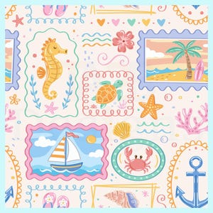 May include: A seamless pattern featuring illustrations of a yellow seahorse, a green sea turtle, a sailboat, a crab, a seashell, a palm tree, and an anchor, all framed in various shapes and colors on a light cream background with small hearts.