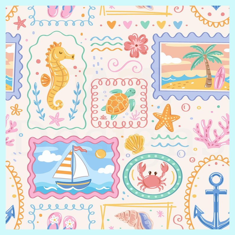 May include: A seamless pattern featuring illustrations of a yellow seahorse, a green sea turtle, a sailboat, a crab, a seashell, a palm tree, and an anchor, all framed in various shapes and colors on a light cream background with small hearts.