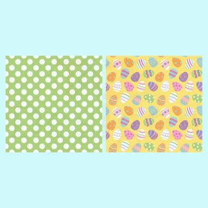 May include: Two patterned backgrounds. One features white polka dots on a light green field. The other has colorful Easter eggs on a yellow background. The eggs are decorated with stripes, dots, and other patterns.