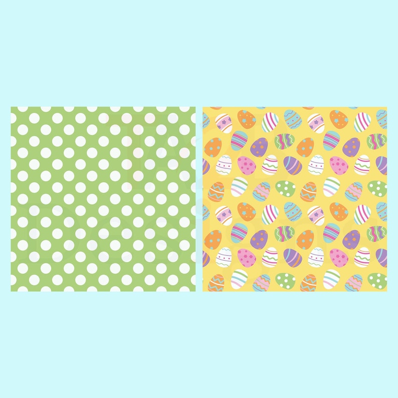 May include: Two patterned backgrounds. One features white polka dots on a light green field. The other has colorful Easter eggs on a yellow background. The eggs are decorated with stripes, dots, and other patterns.