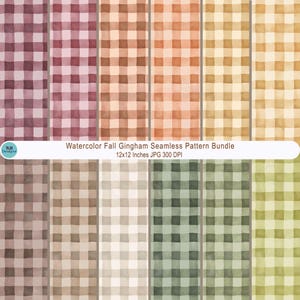 May include: A digital bundle of twelve seamless watercolor gingham patterns in various fall-inspired colors including maroon, brown, orange, yellow, gray, and green. The text reads Watercolor Fall Gingham Seamless Pattern Bundle 12x12 Inches JPG 300 DPI.