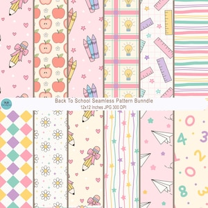 May include: A selection of vibrant seamless patterns featuring school-related motifs. Designs include apples, pencils, crayons, lightbulbs, rulers, and other elements. The text reads "Back To School Seamless Pattern Bunndle" and "12x12 Inches JPG 300 DPI".