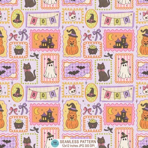 May include: A seamless digital pattern featuring Halloween motifs on a light purple background. Elements include black cats, ghosts, pumpkins, haunted houses, cauldrons, skulls with bows, and banners with the text BOO, all framed in decorative borders.