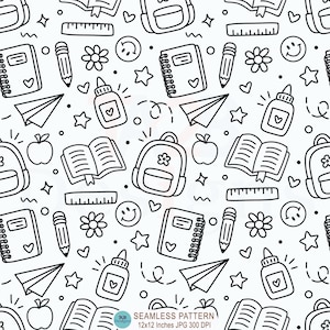 Może przedstawiać: Czarno-biały bezszwowy wzór z artykułami szkolnymi. Projekt zawiera plecaki, notatniki, ołówki, linijki, butelki z klejem, papierowe samoloty, jabłka, gwiazdki, kwiaty i uśmiechnięte buzie. Wzór ma wymiary 30,48 cm x 30,48 cm.
