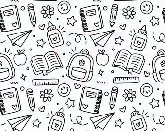 May include: Black and white seamless pattern featuring school supplies. The design includes backpacks, notebooks, pencils, rulers, glue bottles, paper airplanes, apples, stars, flowers, and smiley faces. The pattern is 12x12 inches.