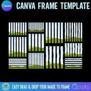 Op de afbeelding: Een Canva frame-sjabloonontwerp op een zwarte achtergrond. Het ontwerp bevat meerdere witte en zwarte verticale en horizontale lijnen, waardoor een rasterachtige structuur ontstaat. De tekst "CANVA FRAME TEMPLATE" staat bovenaan en "EASY DRAG & DROP YOUR IMAGE TO FRAME Canva" onderaan.