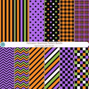 May include: A digital collection of twelve seamless patterns featuring Halloween-themed designs including stripes, polka dots, buffalo plaid, chevron, and checkerboard motifs in orange, purple, black, green, and white, labeled Halloween Seamless Pattern Bundle.