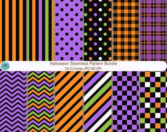 May include: A digital collection of twelve seamless patterns featuring Halloween-themed designs including stripes, polka dots, buffalo plaid, chevron, and checkerboard motifs in orange, purple, black, green, and white, labeled Halloween Seamless Pattern Bundle.