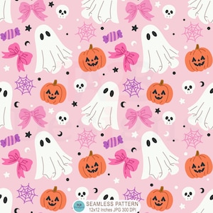 May include: A seamless Halloween pattern on a pink background. The design features white ghosts, orange jack-o'-lanterns, pink bows, purple sweets, spiderwebs, skulls, stars, and crescent moons. The text "SEAMLESS PATTERN 12x12 Inches JPG 300 DPI" is at the bottom.