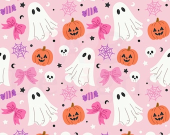 Modello senza cuciture di Halloween Coquette, design di zucca fantasma rosa (download digitale)