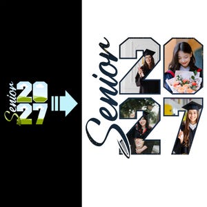 May include: A graduation-themed design with the word "Senior" in cursive script and the numbers "2027" incorporating images of graduates in caps and gowns. The design includes a light blue arrow and a black and white background.