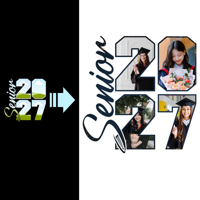 May include: A graduation-themed design with the word "Senior" in cursive script and the numbers "2027" incorporating images of graduates in caps and gowns. The design includes a light blue arrow and a black and white background.